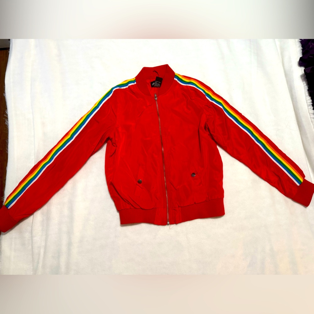 Red Wind Breaker Jacket with Rainbow Strips on Sleeve